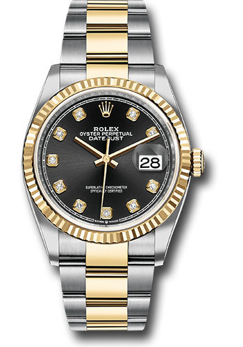 Rolex Steel and Yellow Gold Rolesor Datejust 36 Watch - Fluted Bezel - Black Diamond Dial - Oyster Bracelet