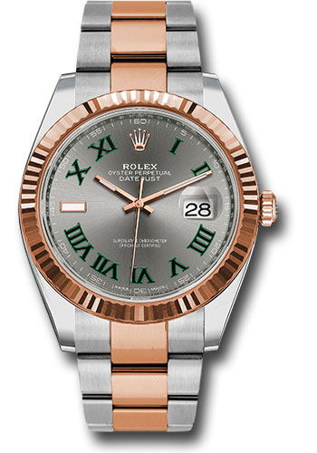 Rolex Steel and Everose Rolesor Datejust 41 Watch - Fluted Bezel - Slate Gray Green Roman Dial - Oyster Bracelet