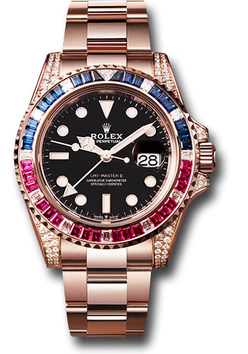 Rolex Everose GMT-Master II 40 Watch - Diamond Lugs - Diamond Sapphire Emerald Bezel - Black Dial - Oyster Bracelet
