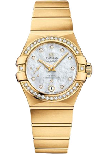 Omega Constellation Co-Axial Master CHRONOMETER Small Seconds Petite Seconde Watch - 27 mm Yellow Gold Case - White Mother-Of-Pearl Diamond Dial