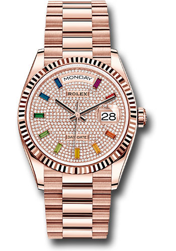 Rolex Everose Gold Day-Date 36 Watch - Fluted Bezel - Diamond-Paved Rainbow Sapphire Dial - President Bracelet