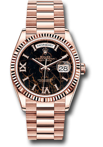 Rolex Everose Gold Day-Date 36 Watch - Fluted Bezel - Eisenkiesel Diamond Dial - President Bracelet