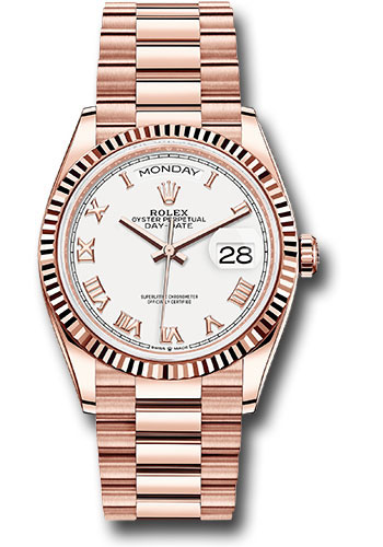 Rolex Everose Gold Day-Date 36 Watch - Fluted Bezel - White Roman Dial - President Bracelet