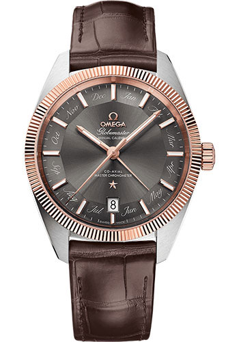 Omega Constellation Globemaster Co-Axial Master Chronometer Annual Calendar Watch - 41 mm Steel And Sedna Gold Case - Sedna Gold Fluted Bezel - Grey Dial - Brown Leather Strap