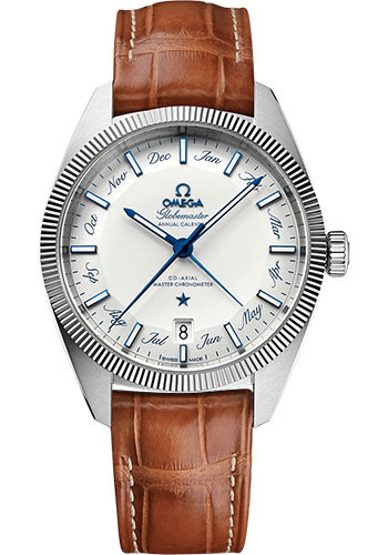 Omega Constellation Globemaster Co-Axial Master Chronometer Annual Calendar Watch - 41 mm Steel Case - Fluted Bezel - Silvery Dial - Light Brown Leather Strap