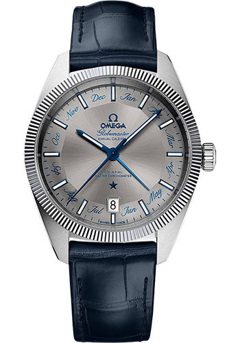 Omega Constellation Globemaster Co-Axial Master Chronometer Annual Calendar Watch - 41 mm Steel Case - Fluted Bezel - Grey Dial - Blue Leather Strap