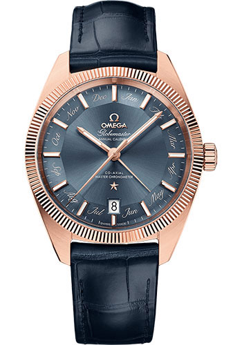 Omega Constellation Globemaster Co-Axial Master Chronometer Annual Calendar Watch - 41 mm Sedna Gold Case - Fluted Bezel - Blue Dial - Blue Leather Strap