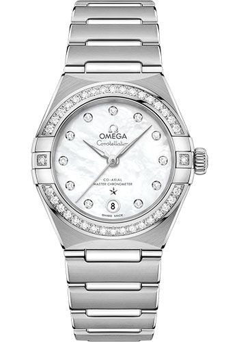 Omega Constellation Manhattan Co-Axial Master Chronometer Watch - 29 mm Steel Case - Diamond-Paved Bezel - Mother-Of-Pearl Diamond Dial