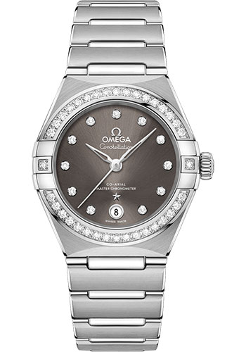 Omega Constellation Manhattan Co-Axial Master Chronometer Watch - 29 mm Steel Case - Diamond-Paved Bezel - Grey Diamond Dial