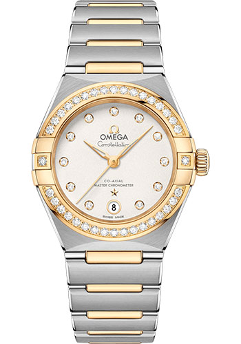Omega Constellation Manhattan Co-Axial Master Chronometer Watch - 29 mm Steel And Yellow Gold Case - Diamond-Paved Bezel - Crystal White Slivery Diamond Dial