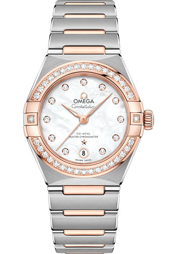 Omega Constellation Manhattan Co-Axial Master Chronometer Watch - 29 mm Steel And Sedna Gold Case - Diamond-Paved Bezel - Mother-Of-Pearl Diamond Dial
