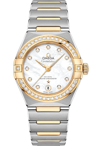 Omega Constellation Manhattan Co-Axial Master Chronometer Watch - 29 mm Steel And Yellow Gold Case - Diamond-Paved Bezel - Mother-Of-Pearl Diamond Dial