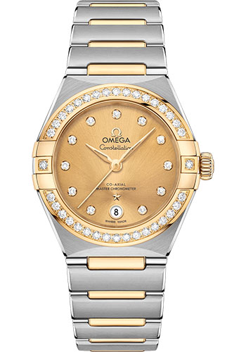 Omega Constellation Manhattan Co-Axial Master Chronometer Watch - 29 mm Steel And Yellow Gold Case - Diamond-Paved Bezel - Champagne Diamond Dial