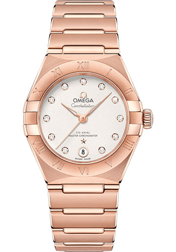 Omega Constellation Manhattan Co-Axial Master Chronometer Watch - 29 mm Sedna Gold Case - Crystal White Silvery Diamond Dial