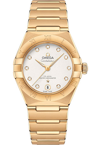Omega Constellation Manhattan Co-Axial Master Chronometer Watch - 29 mm Yellow Gold Case - Crystal White Silvery Diamond Dial