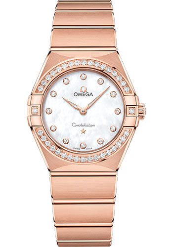 Omega Constellation Manhattan Quartz Watch - 28 mm Sedna Gold Case - Diamond-Paved Bezel - Mother-Of-Pearl Diamond Dial