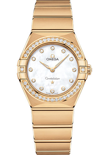 Omega Constellation Manhattan Quartz Watch - 28 mm Yellow Gold Case - Diamond-Paved Bezel - Mother-Of-Pearl Diamond Dial