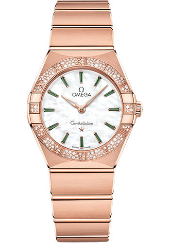 Omega Constellation Quartz - 28 mm Sedna Gold Case - Diamond Bezel - White Mother-Of-Pearl Emerald Dial