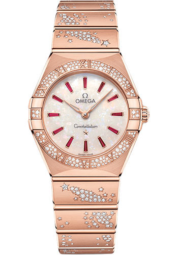 Omega Constellation Quartz - 28 mm Sedna Gold Case - Diamond Bezel - White Opal Ruby Dial