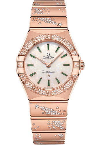 Omega Constellation Quartz - 28 mm Sedna Gold Case - Diamond Bezel - White Opal Emerald Dial