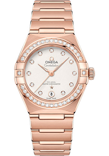 Omega Constellation Manhattan Co-Axial Master Chronometer Watch - 29 mm Sedna Gold Case - Diamond-Paved Bezel - Crystal White Silvery Diamond Dial