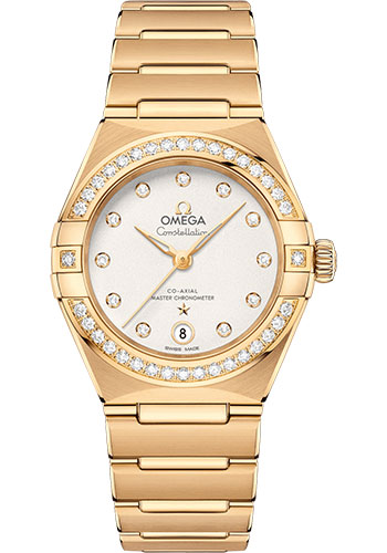 Omega Constellation Manhattan Co-Axial Master Chronometer Watch - 29 mm Yellow Gold Case - Diamond-Paved Bezel - Crystal White Silvery Diamond Dial