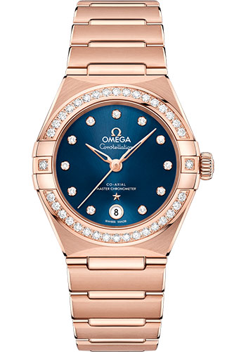 Omega Constellation Manhattan Co-Axial Master Chronometer Watch - 29 mm Sedna Gold Case - Diamond-Paved Bezel - Blue Diamond Dial