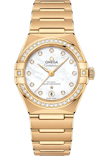 Omega Constellation Manhattan Co-Axial Master Chronometer Watch - 29 mm Yellow Gold Case - Diamond-Paved Bezel - Mother-Of-Pearl Diamond Dial