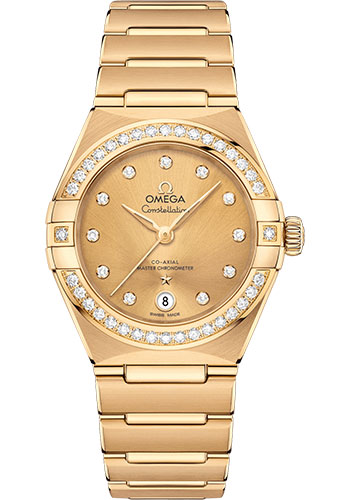 Omega Constellation Manhattan Co-Axial Master Chronometer Watch - 29 mm Yellow Gold Case - Diamond-Paved Bezel - Champagne Diamond Dial