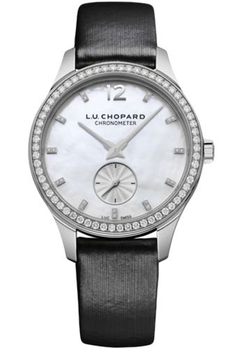 Chopard L.U.C XPS Watch - 35.00 mm White Gold Diamond Case - Diamond-Set Bezel - Mother-of-Pearl Diamond Dial - Black Strap