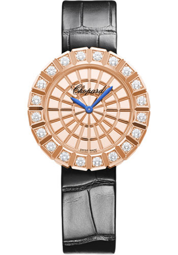 Chopard Ice Cube Watch - 36.00 mm Rose Gold Case - Diamond-Set Bezel - Sparkling Trapezium Dial - Black Strap