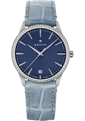 Zenith Elite Classic Watch - Steel - Diamond Bezel - Blue Dial - Blue Jean Alligator Strap