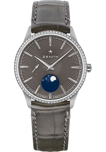 Zenith Elite Moonphase Watch - Steel - Diamond Bezel - Slate-Grey Dial - Grey Alligator Strap