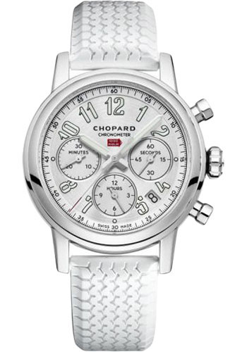 Chopard Mille Miglia Classic Chronograph Watch - 39.00 mm Steel Case - Galvanic Silver Dial - White Strap