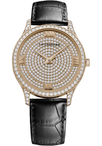 Chopard L.U.C XP Watch - 40.00 mm Rose Gold Diamond Case - Diamond-Set Bezel - Diamond-Set Gold Dial - Black Strap