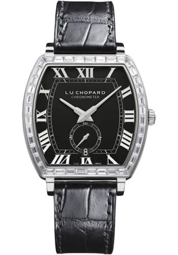 Chopard L.U.C Heritage Grand Cru Watch - White Gold Diamond Case - Matte Black Dial - Black Strap