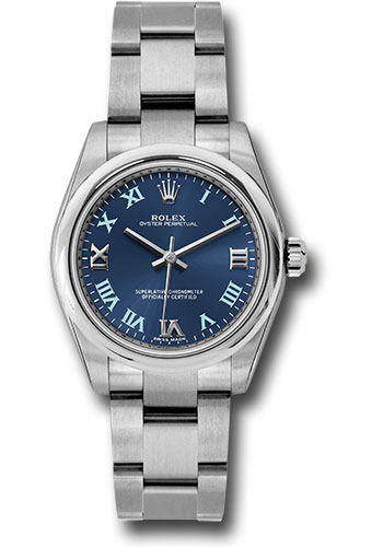 Rolex Steel Oyster Perpetual 31 Watch - Domed Bezel - Azzuro Blue Gold Iii VI Ix Roman Dial