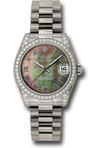 Rolex White Gold Datejust 31 Watch - 48 Diamond Bezel - Dark Mother-Of-Pearl Roman Dial - President Bracelet