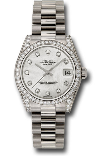Rolex White Gold Datejust 31 Watch - 48 Diamond Bezel - Mother-Of-Pearl Diamond Dial - President Bracelet