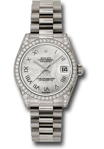 Rolex White Gold Datejust 31 Watch - 48 Diamond Bezel - Mother-Of-Pearl Roman Dial - President Bracelet