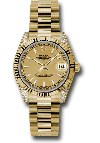 Rolex Yellow Gold Datejust 31 Watch - Fluted Bezel - Champagne Index Dial - President Bracelet