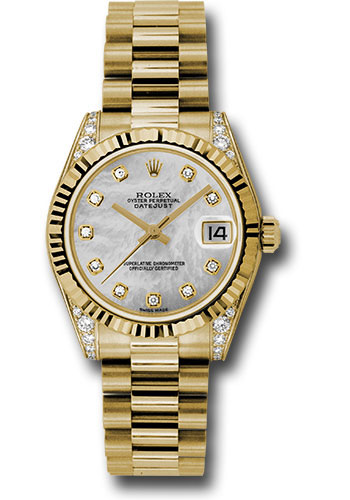 Rolex Yellow Gold Datejust 31 Watch - Fluted Bezel - Mother-Of-Pearl Diamond Dial - President Bracelet