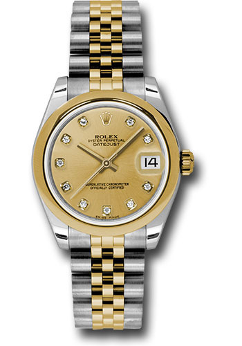 Rolex Steel and Yellow Gold Datejust 31 Watch - Domed Bezel - Champagne Diamond Dial - Jubilee Bracelet