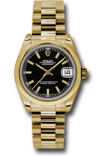 Rolex Yellow Gold Datejust 31 Watch - Domed Bezel - Black Concentric Circle Index Dial - President Bracelet
