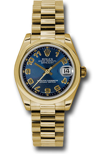 Rolex Yellow Gold Datejust 31 Watch - Domed Bezel - Blue Concentric Circle Arabic Dial - President Bracelet