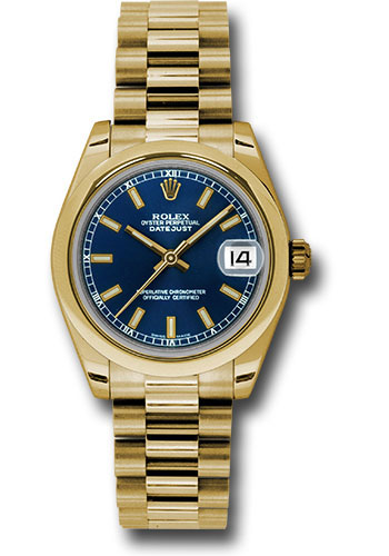 Rolex Yellow Gold Datejust 31 Watch - Domed Bezel - Blue Concentric Circle Index Dial - President Bracelet