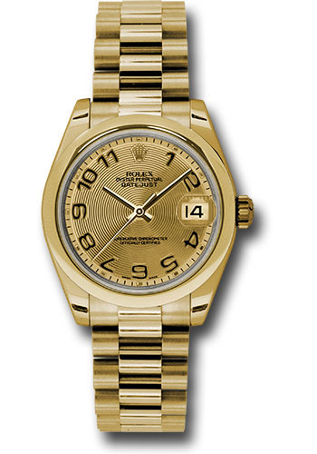 Rolex Yellow Gold Datejust 31 Watch - Domed Bezel - Champagne Concentric Circle Arabic Dial - President Bracelet