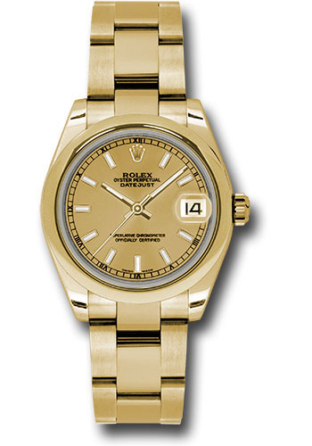 Rolex Yellow Gold Datejust 31 Watch - Domed Bezel - Champagne Index Dial - Oyster Bracelet