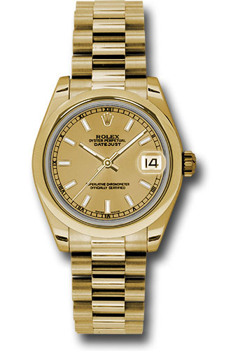 Rolex Yellow Gold Datejust 31 Watch - Domed Bezel - Champagne Concentric Circle Index Dial - President Bracelet