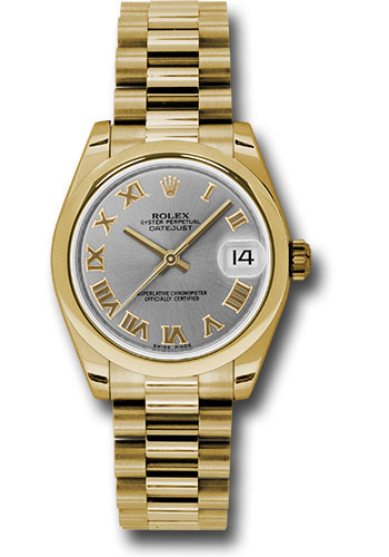 Rolex Yellow Gold Datejust 31 Watch - Domed Bezel - Gray Roman Dial - President Bracelet